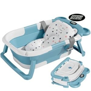 Collapsible Baby Bathtub for Infants to Toddler with Real-time Temp Monitor+Floating Cushion,Foldable Baby Bath Tub Set Applicable 0-36 Month,Perfect Portable Travel Baby Tub for Newborns Girl