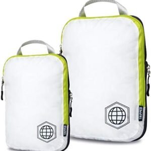 Compression Packing Cubes for Travel - Luggage and Backpack Organizer Packaging Cubes for Clothes (White and Green, 2 Piece Set)