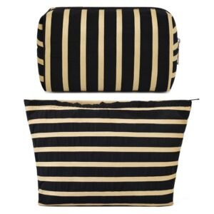2 Pieces Makeup Bag Large Stripe Cosmetic Bag Black Capacity Canvas Travel Toiletry Bag Organizer Cute Makeup Brushes Aesthetic Accessories Storage Bag for Women