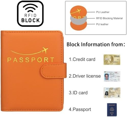 Passport Holder Women Men, PU Leather Travel Must Haves Passport Wallet, Cute RFID-Protected Passport Cover, Airplane Travel Essentials Travel Wallet Card Holder, Travel Document Holder Case (Orange) - Image 5