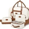Wogarl 4PCS Weekender Bags for Women Large Overnight Bag Weekend Travel Duffel Bag Carry on Shoulder with Shoe Compartment Canvas Toiletry Bag for Travel Business Gym,Beige