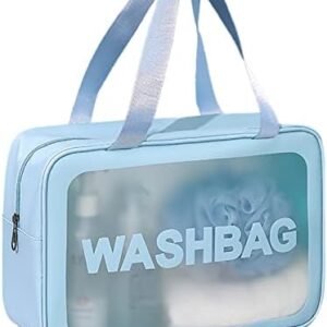 Travel Toiletry Bag for Women and Men, Matte Translucent Toiletry Bag with Handy Handle, Makeup Cosmetic Organizer Bag for Travel Toiletries Accessories (Blue)