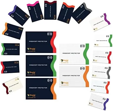 Boxiki Travel RFID Blocking Sleeves, Set with Color Coding | Identity Theft Prevention RFID Blocking Envelopes and Passport Covers