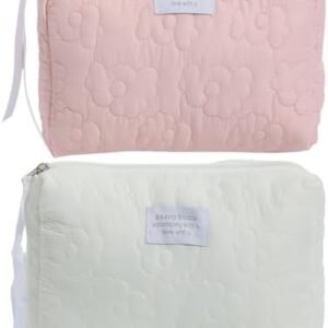 MHDGG 2 Pieces Makeup Bag Large Cosmetic Bag Capacity Travel Makeup Bag Organizer Cute Makeup Brushes Aesthetic Accessories Storage Bag for Women,White Pink