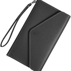 DTTO Passport Holder Travel Wallet for Women, Multi-purpose PU Leather Waterproof Passport Cover with Wrist Strap for Passport, Cards, Boarding Passes, Keys, Black