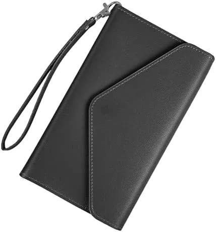 DTTO Passport Holder Travel Wallet for Women, Multi-purpose PU Leather Waterproof Passport Cover with Wrist Strap for Passport, Cards, Boarding Passes, Keys, Black