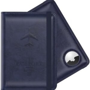 Stouchi AirTag Passport Holder for Men, Leather Passport Holder with Vaccine Card Slot, Family Travel Passport Wallet Cover Case, Blue