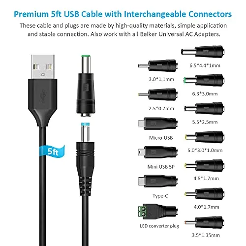 Universal 5V DC 5.5 2.1mm Jack Charging Cable Power Cord, USB to DC Power Cable with 14 Interchangeable Plugs Connectors Adapters Compatible with 5V Devices Max Support 3A - Image 2