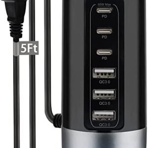 Universal USB & USB C Tower Fast Charging Station 6-Port 60W - Compact, Space-Saving Design with Multiple USB & USB-C Ports for All iPhone Galaxy Note Pixel iPad Multiple Devices