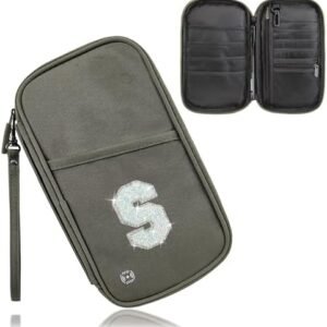 RFID Passport Wallet Family Passport Holders with Initial Letter Personalized Patch, Women Men Travel Organizer Water Resistant with Card Cash Slot Zipper Pocket Silver Grey S