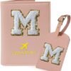 Initial Passport Cover Holder and Luggage Tag Set with Alphabet Chenille Letter Patch for Women Teenager Girls, PU Leather Traveling Bag Suitcase Identifier Pink M