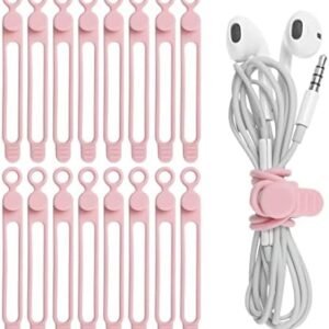 Nearockle 16Pcs Silicone Cable Straps Wire Organizer for Bundling Earphone, Phone Charger, Computer Cords, Reusable Cable Ties Cord Organizer in Home,Office,Kitchen,School(Pink)
