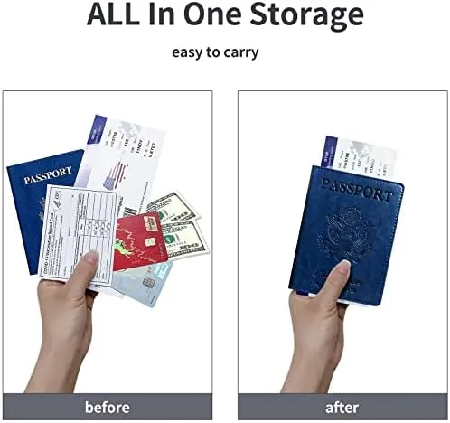 Passport Holder Cover Wallet Case RFID Blocking Leather Card Slot Travel Accessories Documents Organizer Protector for Women Men, Navy Blue - Image 2