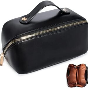 Travel Makeup Bag,Large Opening Makeup Bag,Portable Makeup Bag Opens Flat for Easy Access, Toiletry Bag,PU Leather Makeup Bag,Large Cosmetic Organizer for Women (Black)