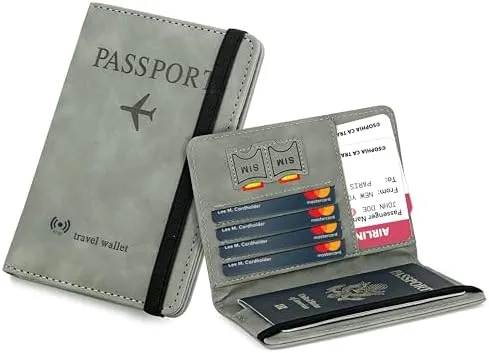 Passport Holder Cover Travel Wallet Organiser with RFID Protection, Credit Card Case, PU Leather for Men & Women (Grey)