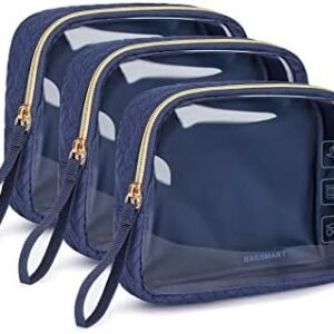 BAGSMART TSA Approved Toiletry Bag, 3 Pack Clear Makeup Cosmetic Bag Organizer, Quart Size Travel Bag for Toiletries, Carry-on Travel Accessories Essentials - Blue
