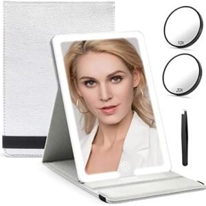 Travel Mirror with Light of Silver PU Leather Cover, LED Makeup Mirror of 8 * 5.5inch, Compact Cosmetic Vanity Mirror with 3 Color Modes for Home, Office, Travel Use