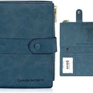RFID Blocking Passport Holder with Vaccine Card Slot Protector Passport and Vaccine Card Holder Combo Leather Bi-fold Large Capacity Travel Wallet With Zipper Gifts for Women Men (Blue)