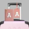 Passport Cover Case and Luggage Tag Set for Women Girls, Passport Book Holder with Personalized Chenille Letter Patch, Slim Travel Wallet Bag Suitcase Identifier, Pink, R - Image 3
