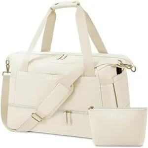 Weekender Bag for Women, Travel with Shoe Compartment & USB Charging Port, Gym Wet Compartment, Overnight Duffel Hospital Women Sports Shopping (Off White)