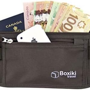 Boxiki Travel Money Belt - RFID Blocking Money Belt and Safe Waist Bag, Secure Fanny Pack for Men and Women, Fits Passport, Wallet, Phone and Personal Items. Running Belt, Waist Pack (Brown)