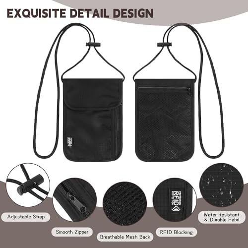 Family Passport Holder Neck Pouch, RFID Blocking Security Lightweight Cross Body Passport Travel Wallet, Slim Neck Wallet Gifts for Women Men(Black) - Image 3