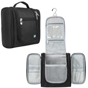 PAVILIA Toiletry Bag Travel Bag for Women Men, Hanging Cosmetic Organizer, Water Resistant Makeup Bag for Accessories Toiletries, Large Travel Essentials Kit (Black)
