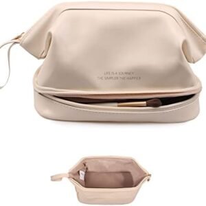 Abiudeng Large Makeup Bag,Double Layer Cosmetic Bag,Travel Makeup Bag,Leather Makeup Bag, Cosmetic Travel Bags,Portable Leather Toiletry Bag,Roomy Cosmetic Bag for Women and Girls