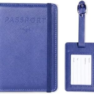 Passport Holder Men Women and Luggage Tags Passport Cover Travel Wallet with Card Slot Travel Suitcase Tag for Men and Women (Dark Blue)