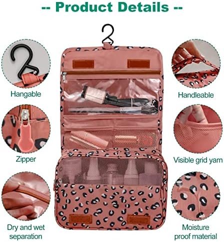 Hanging toiletry bag for Women,makeup travel bag,with Jewelry Organizer Compartment,Large Cosmetic Bag Travel Bathroom Shower Accessories (Leopard print pink, Large) - Image 7
