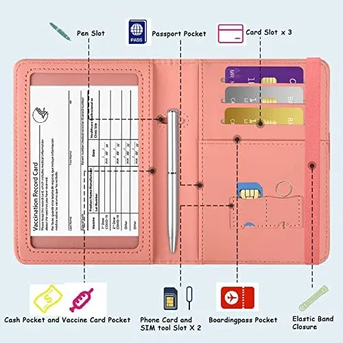 Leather Passport Holder Covers Case, RFID Blocking Waterproof Passport wallet with Pen Holder, Cute Travel Wallet Accessories for Women/Men, Baby Pink-1 - Image 5