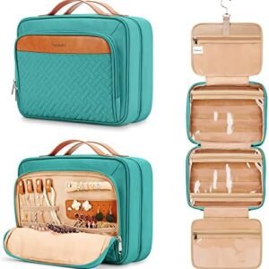 Travel Hanging Toiletry Bag for Women, Holds Full-Size Shampoo, with Jewelry Organizer Compartment, Extra Large Waterproof Cosmetic Makeup, Toiletries Kit Set with Trolley Belt, Blue
