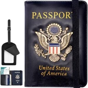 Passport Holder Cover Case, Travel Passport Book Wallet and Vaccine Card Holder Combo with luggage tag, US ID Badge Porta Pasaporte with RFID Blocking, Leather Document Organizer for Men Women (Black)