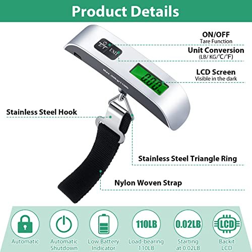 3 Pieces Digital Travel Luggage Scale 110 Lbs Hand Held Digital Weight Suitcase Scale Portable Baggage Travel Bag Scale with Hook, Battery Included - Image 3