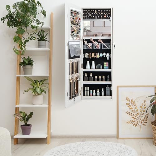 Giantex Jewelry Cabinet Armoire Door Wall Mount, 47.2in Lockable Touch Screen Lighted Full Length Mirror, 3 Lighting Settings, Inside Makeup Mirror, Jewelry Storage Box Organizer (Grayish White) - Image 6