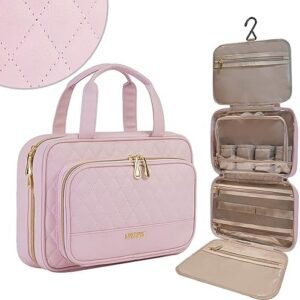 Travel Toiletry Bag For Women,PU Leather Water-resistant Makeup Bag Organizer With Hanging Hook,Cosmetic Bag For Accessories/Cosmetics/Toiletries (Baby Pink)