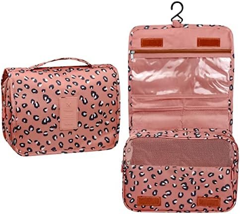 Hanging toiletry bag for Women,makeup travel bag,with Jewelry Organizer Compartment,Large Cosmetic Bag Travel Bathroom Shower Accessories (Leopard print pink, Large)