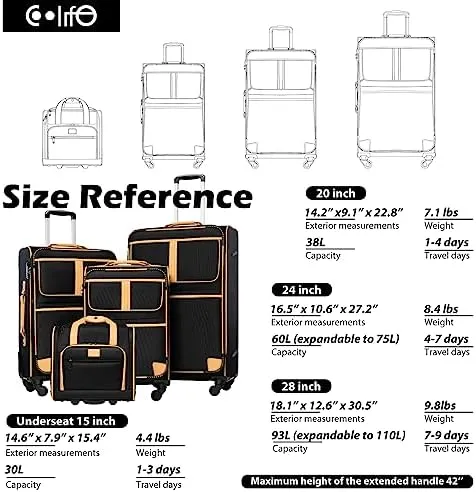 Coolife Luggage 4 Piece Set Suitcase Expandable TSA lock spinner softshell - Image 7