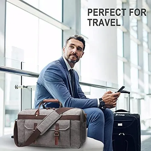 Duffle Bag for Men Waterproof Genuine Leather Canvas Travel Duffel Bags for Women Overnight Weekender Bag for Traveling, Grey - Image 5