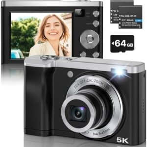 56MP 5K Digital Camera 10X Optical Zoom, Front and Rear Dual Cameras with 2.8" IPS Touch Screen, Video Vlogging Cameras for Photography with 64G Micro Card, Compact Point and Shoot Cameras for Gifts