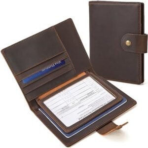 Polare Full Grain Leather Snap Passport and Vaccine Card Holder Combo RFID Blocking Travel Wallet Cover (Dark Brown)