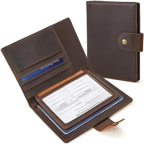 Polare Full Grain Leather Snap Passport and Vaccine Card Holder Combo RFID Blocking Travel Wallet Cover (Dark Brown)