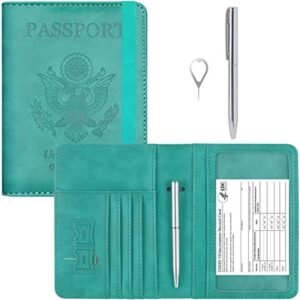 HOTCOOL Passport Holder UPGRADED VERSION Leather Passport Accessories for Women Men Wallet Travel Cover Case, with 11 Pockets, Pen and Pin, RFID Blocking and Elastic Strap, Apple Green