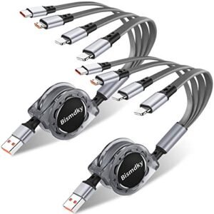 Multi Charger Cable Retractable USB Multiple Charging Cord with 2*iOS/Type C/Micro Port Adapter 4 in 1 Fast Charging Compatible Cell Phones Tablets Universal Use(2 Pack-3.3FT)