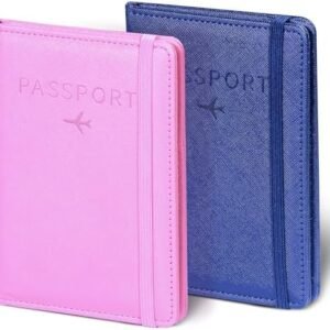2 Pack Passport Holder Women Passport Cover Wallet Case Premium PU Leather Travel Accessories for women Men Family (Dark Blue & Pink)