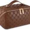 Makeup Bag, Travel Cosmetic Bag, Portable Makeup Travel Bag with Handle, Toiletry Bag for Women, Leather Makeup Organizer Bag, Large Capacity Cosmetic Bag for Easy Storage (Brown)