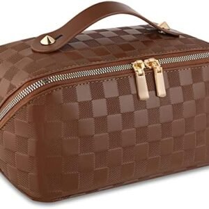 Makeup Bag, Travel Cosmetic Bag, Portable Makeup Travel Bag with Handle, Toiletry Bag for Women, Leather Makeup Organizer Bag, Large Capacity Cosmetic Bag for Easy Storage (Brown)