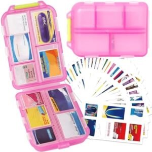 2 Pack DIY Pill Organizer with 175 Pcs Upgraded Pre-Cut Medicine Labels, Foldable Pocket Pharmacy for Travel Daily, Travel Essentials Mini Pill Container 7 Day Pill Case, Pink