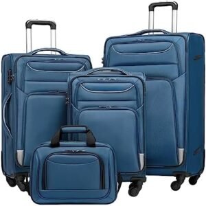 Coolife Luggage 4 Piece Set Suitcase Spinner TSA Lock Softshell lightweight (blue+sliver)