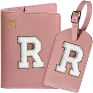 Passport Cover Case and Luggage Tag Set for Women Girls, Passport Book Holder with Personalized Chenille Letter Patch, Slim Travel Wallet Bag Suitcase Identifier, Pink, R